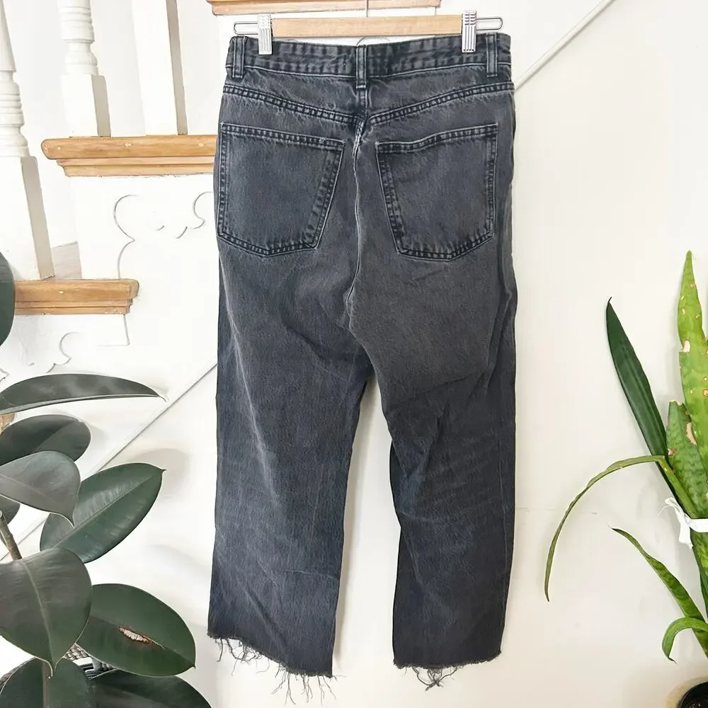 Zara High Waisted Black Wide Leg Jeans Frayed Hem Raw Edge Denim Size 8